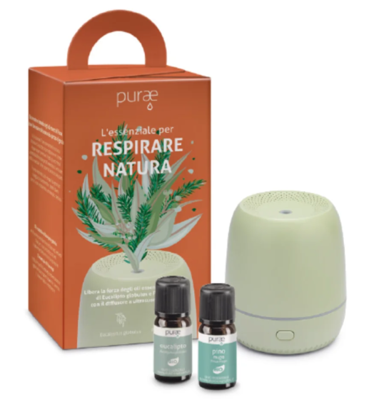 Purae Cofanetto Kit Respirare Natura - Diffusore A Ultrasuoni Di Oli Essenziali Mini Olive + 2 Oli Essenziali Di Eucalipto E Pino