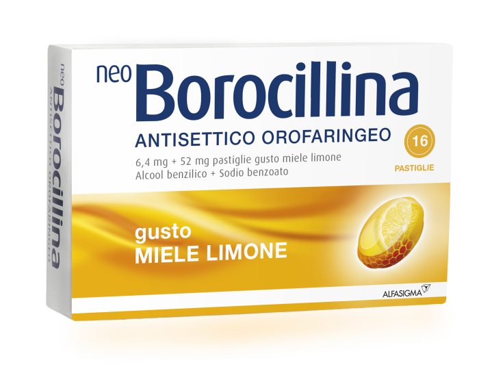 Neoborocillina ant , 6,4mg + 52mg pastiglie gusto limone, 16 pastiglie in blister al/pvc