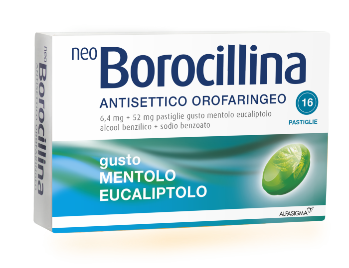 Neoborocillina ant , 6,4mg + 52mg pastiglie gusto mentolo eucaliptolo, 16 pastiglie in blister al/pvc