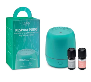 Purae Cofanetto Kit Respira Bene - Diffusore Ad Ultrasuoni Mini Ixia + 2 Oli Essenziali Di Eucalipto Globulu e Pompelmo