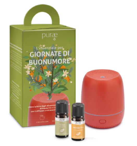 Purae Cofanetto Kit Giornate Buonumore - Diffusore A Ultrasuoni Mini Hibiscus + 2 Oli Essenziali Di Mandarino E Litsea Cubeba