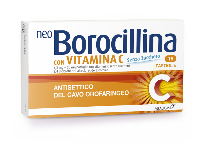 Neoborocillina, 1,2mg + 70mg pastiglie con vitamina c senza zucchero 16 pastiglie in blister pvc-pe-pvdc/al