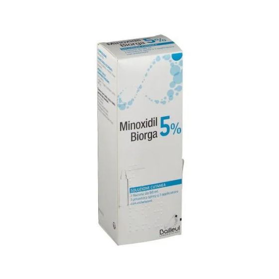 Minoxidil bior, 5% soluzione cutanea 1 flacone hdpe 60ml con pompa spray e applicatore