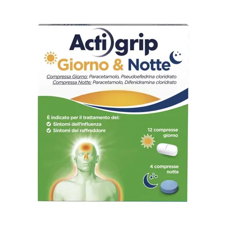 Actigrip Giorno e Notte Per Raffreddore Febbre e Influenza 12+4 Compresse